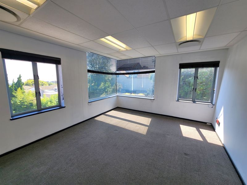 A bright, empty office space featuring a suspended ceiling, recessed lighting, carpeted floors, and large corner windows with venetian blinds.
