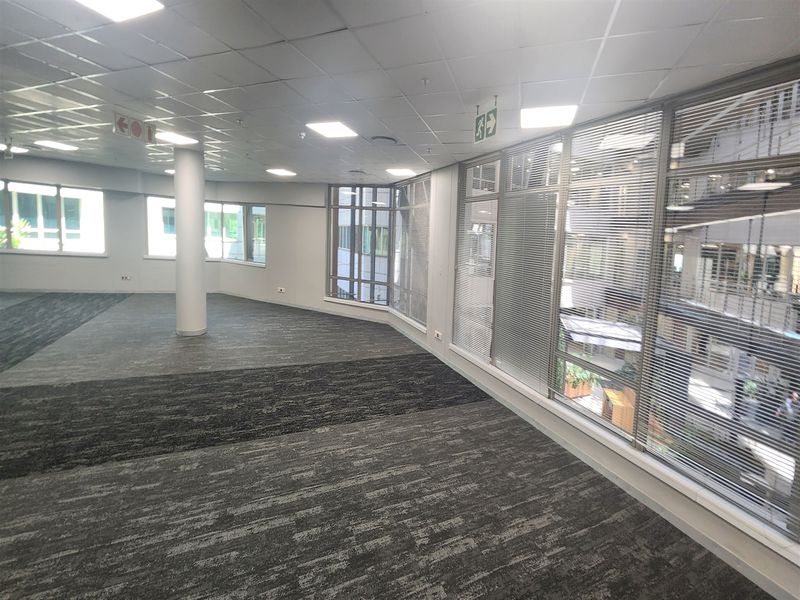 A spacious, open-plan office area featuring large windows with venetian blinds, a suspended ceiling with recessed lighting, and modern carpeted flooring.