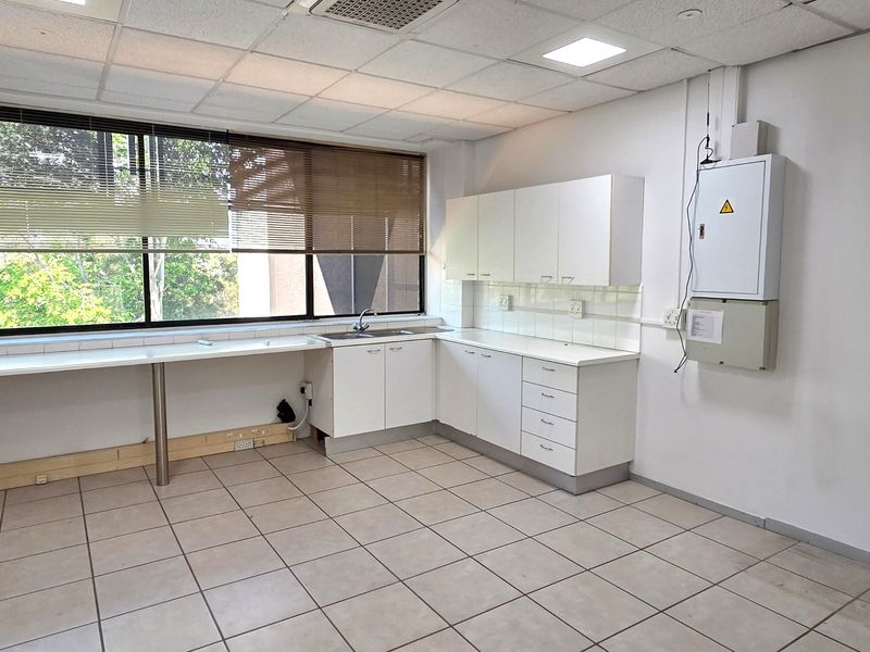 A functional office kitchenette featuring white built-in cabinetry, a stainless steel sink, tiled flooring, and a suspended ceiling with integrated lighting.