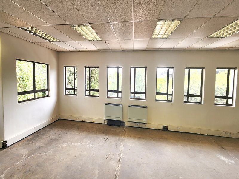 An empty office space featuring a suspended ceiling with recessed lighting, multiple windows, wall-mounted HVAC units, and exposed concrete flooring.