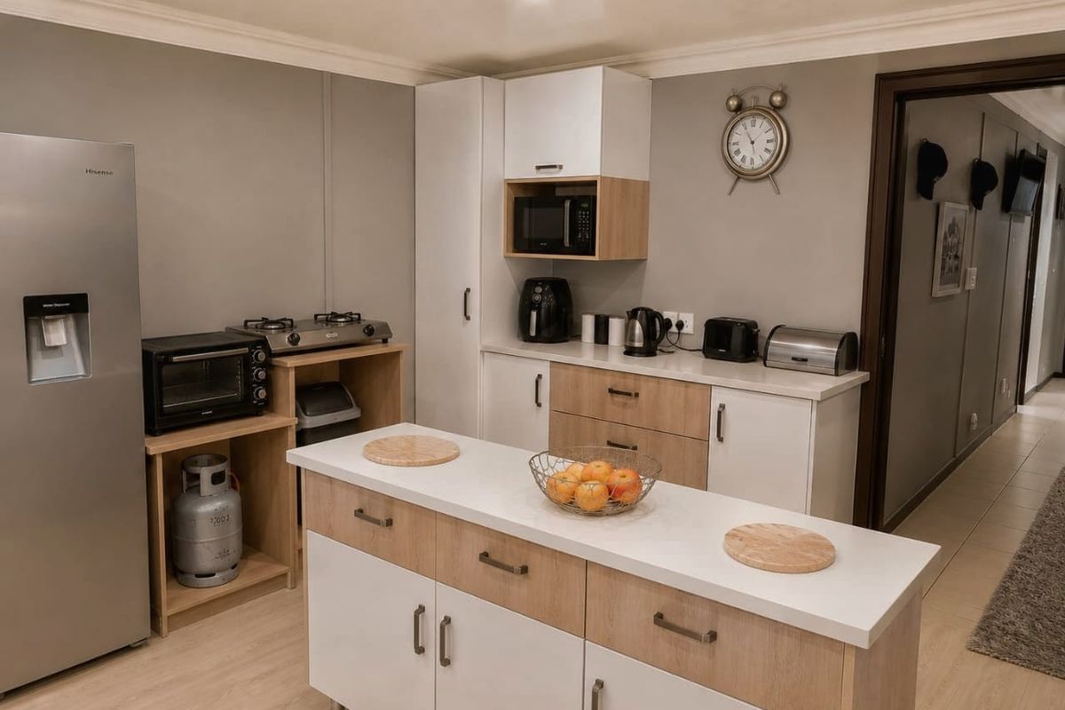 A modern, well-maintained kitchen featuring a central island, light wood-tone cabinetry, white countertops, and integrated microwave, offering a clean and functional workspace.