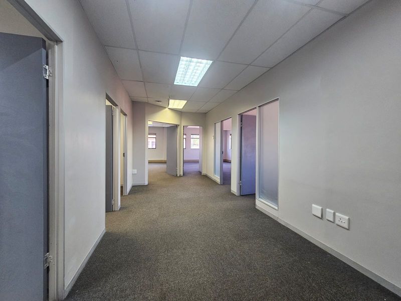 A functional office hallway featuring carpeted flooring, suspended ceilings with recessed lighting, and multiple access points to individual office spaces.