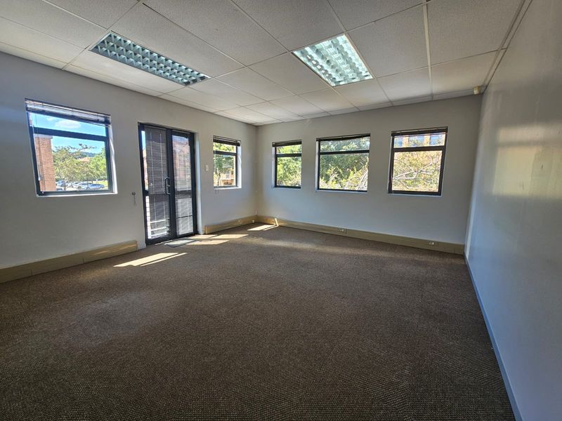 A vacant, well-lit office space featuring carpeted flooring, a suspended ceiling with recessed lighting, and multiple windows providing natural light.