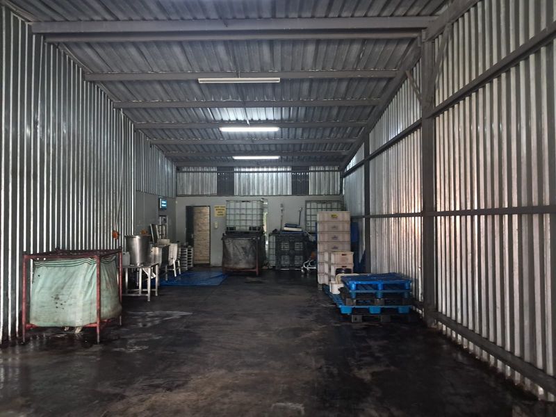 Industrial utility space featuring corrugated metal walls, high-clearance ceiling with fluorescent lighting, and durable concrete flooring suitable for storage or processing operations.