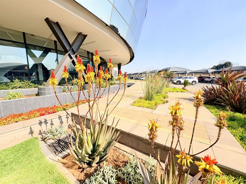 Modern office building exterior featuring a curved glass facade, steel structural supports, and well-maintained landscaped garden beds with a paved walkway.