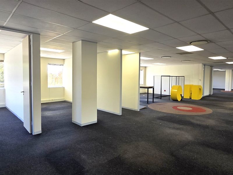 Spacious open-plan office area featuring suspended ceilings, recessed lighting, glass partitions, and structural columns, offering a versatile workspace layout.