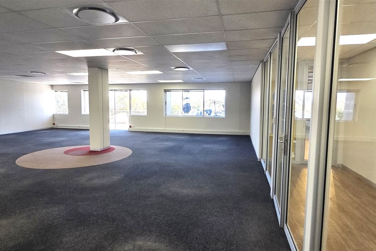 Spacious open-plan office area featuring a suspended ceiling, recessed lighting, carpeted flooring, and glass-partitioned private office spaces.