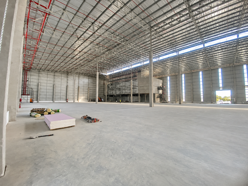 A spacious, modern industrial warehouse featuring high ceilings, concrete flooring, and exposed steel structural elements, suitable for logistics or manufacturing operations.