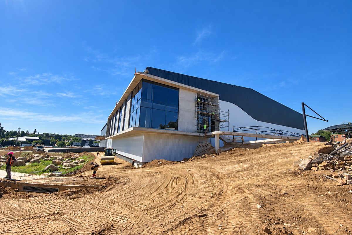 Rear view of an industrial building under construction, featuring large glass panels, metal cladding, and ongoing site development.