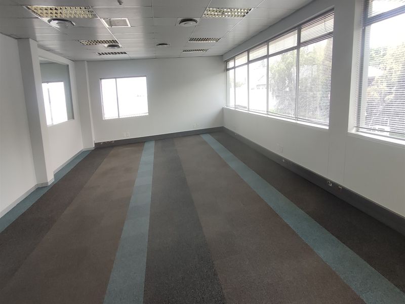 A spacious, empty office area featuring large windows with venetian blinds, suspended ceilings with recessed lighting, and durable carpet tile flooring.