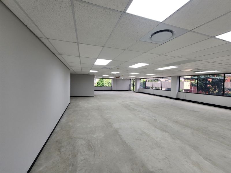 A spacious, open-plan office area featuring a suspended ceiling with recessed lighting, large windows providing natural light, and polished concrete flooring.