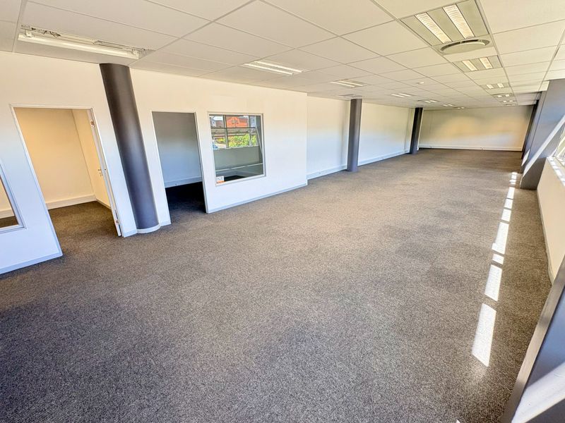 A spacious, open-plan office area featuring neutral carpeting, a suspended ceiling with recessed lighting, and structural columns, offering a clean and professional workspace.