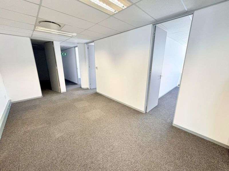 A bright, vacant office space featuring neutral carpeted flooring, suspended ceilings with recessed lighting, and multiple internal access points.