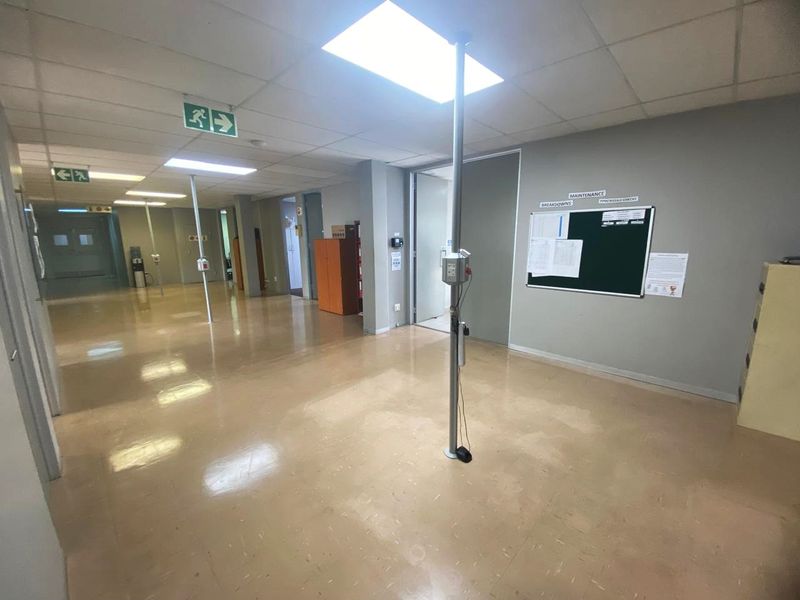 A spacious industrial hallway featuring vinyl flooring, suspended ceilings with recessed lighting, and structural support columns.