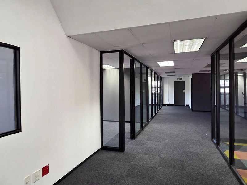 Modern office space featuring glass partition walls, suspended ceilings with recessed lighting, and carpeted flooring in a clean, professional layout.