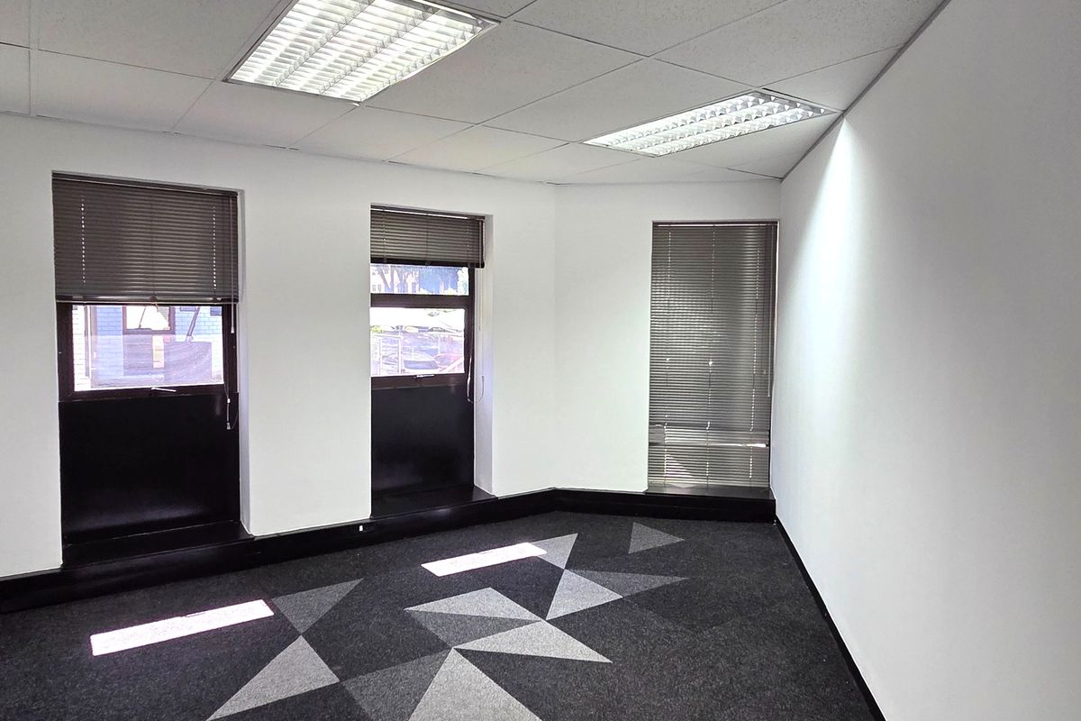 A bright, empty office space featuring a suspended ceiling with recessed lighting, patterned carpet tiles, and large windows fitted with venetian blinds.