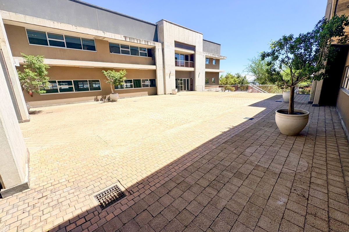 A spacious paved courtyard area located at the rear of the office building, featuring multi-story architectural design and integrated drainage.