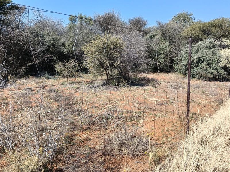 A view of a rural farm plot enclosed by wire mesh fencing with natural vegetation and dry ground.