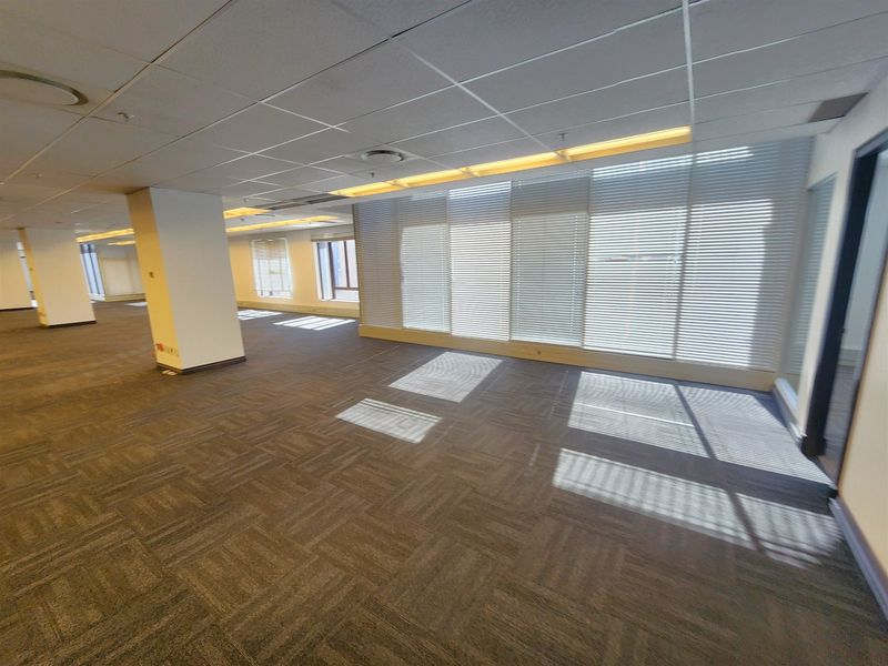 Spacious open-plan office area featuring carpet tiles, suspended ceilings with recessed lighting, and large windows fitted with venetian blinds.