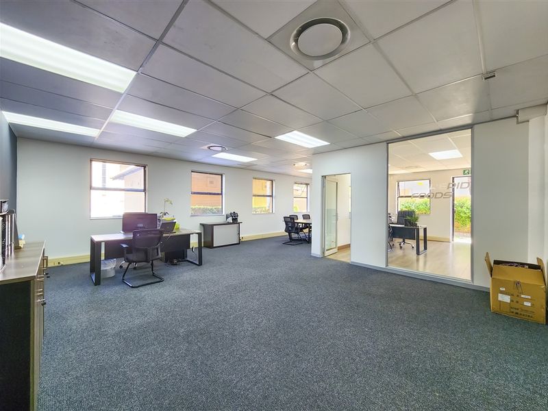 Spacious open-plan office area featuring a suspended ceiling, recessed lighting, carpeted flooring, and a glass partition wall leading to an adjacent office space.