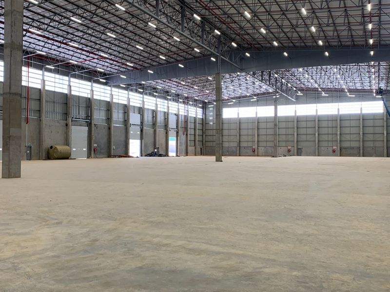 Expansive industrial warehouse space featuring high ceilings, exposed steel trusses, polished concrete floors, and multiple roller shutter doors for efficient logistics and operations.