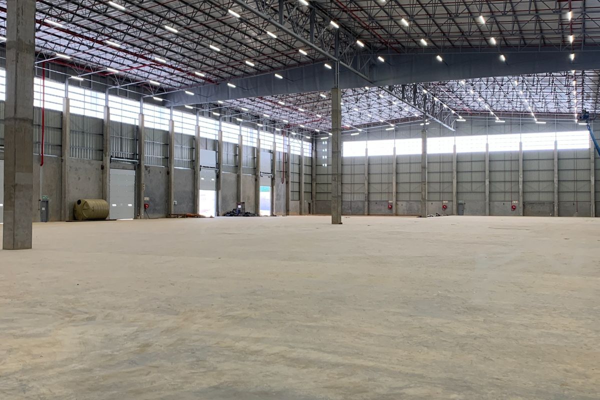Expansive industrial warehouse space featuring high ceilings, exposed steel trusses, polished concrete floors, and multiple roller shutter doors for efficient logistics and operations.