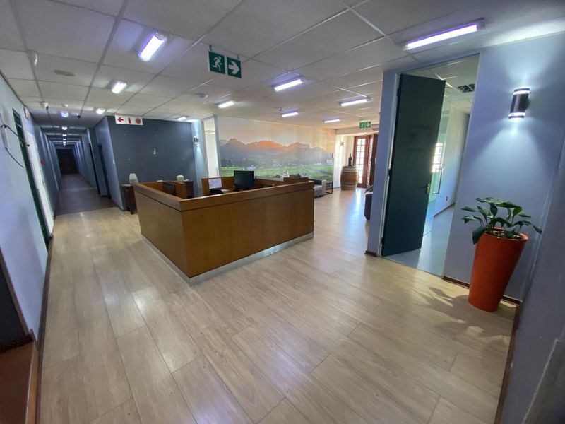 Spacious industrial reception area featuring a built-in wooden desk, modern laminate flooring, and suspended ceiling lighting.
