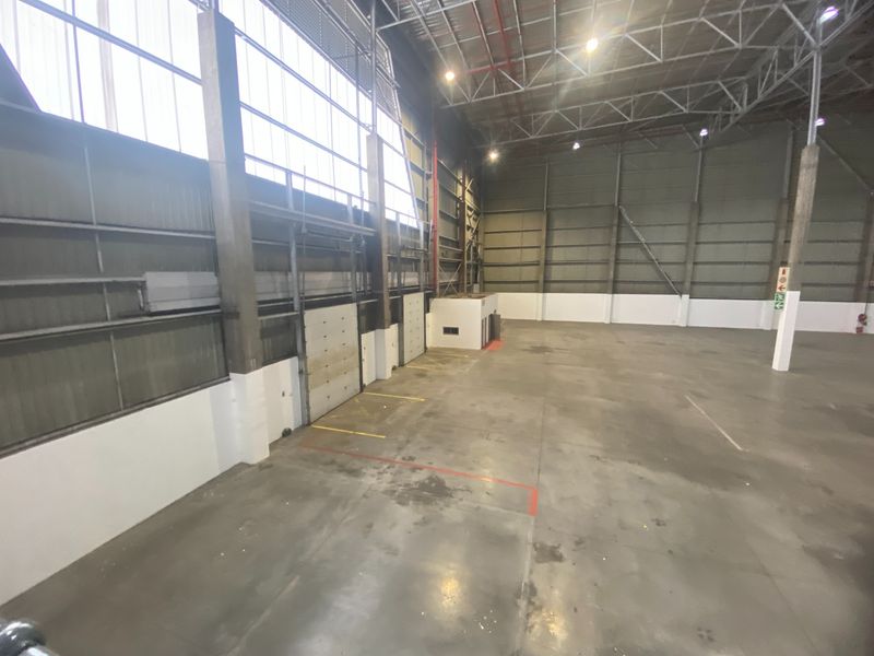 Spacious industrial warehouse featuring high ceilings, concrete flooring, exposed steel trusses, and multiple roller shutter doors for efficient logistics and storage operations.