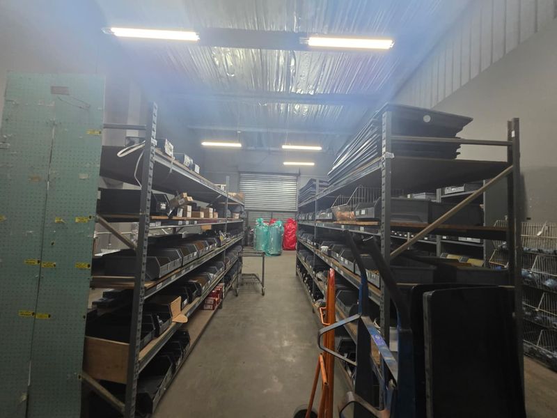 A functional commercial utility or storage space featuring industrial shelving, concrete flooring, and high-level fluorescent lighting with a rear roller shutter door.