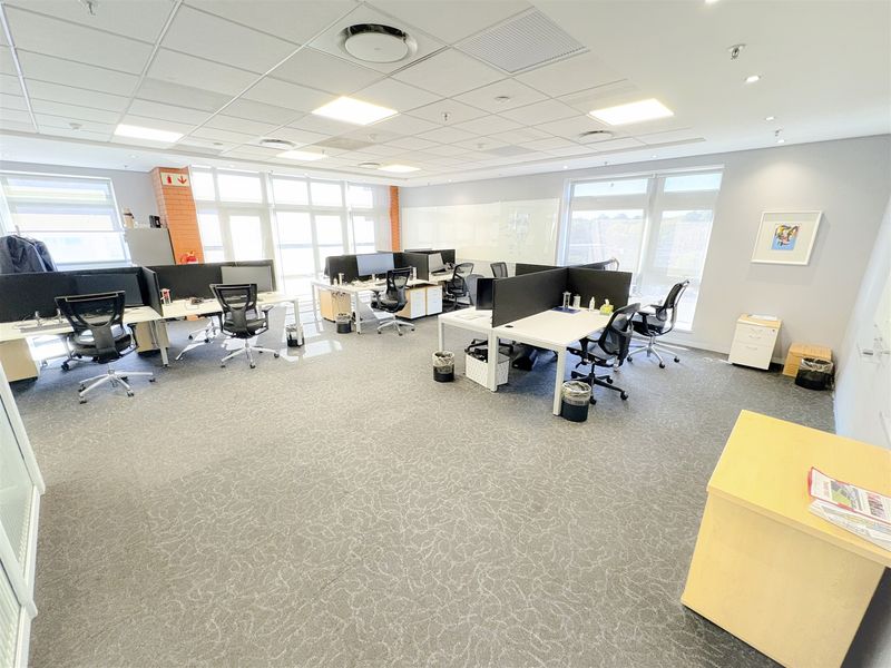 A bright, open-plan office space featuring large windows, suspended ceilings with recessed lighting, and carpeted flooring, configured with multiple workstations.