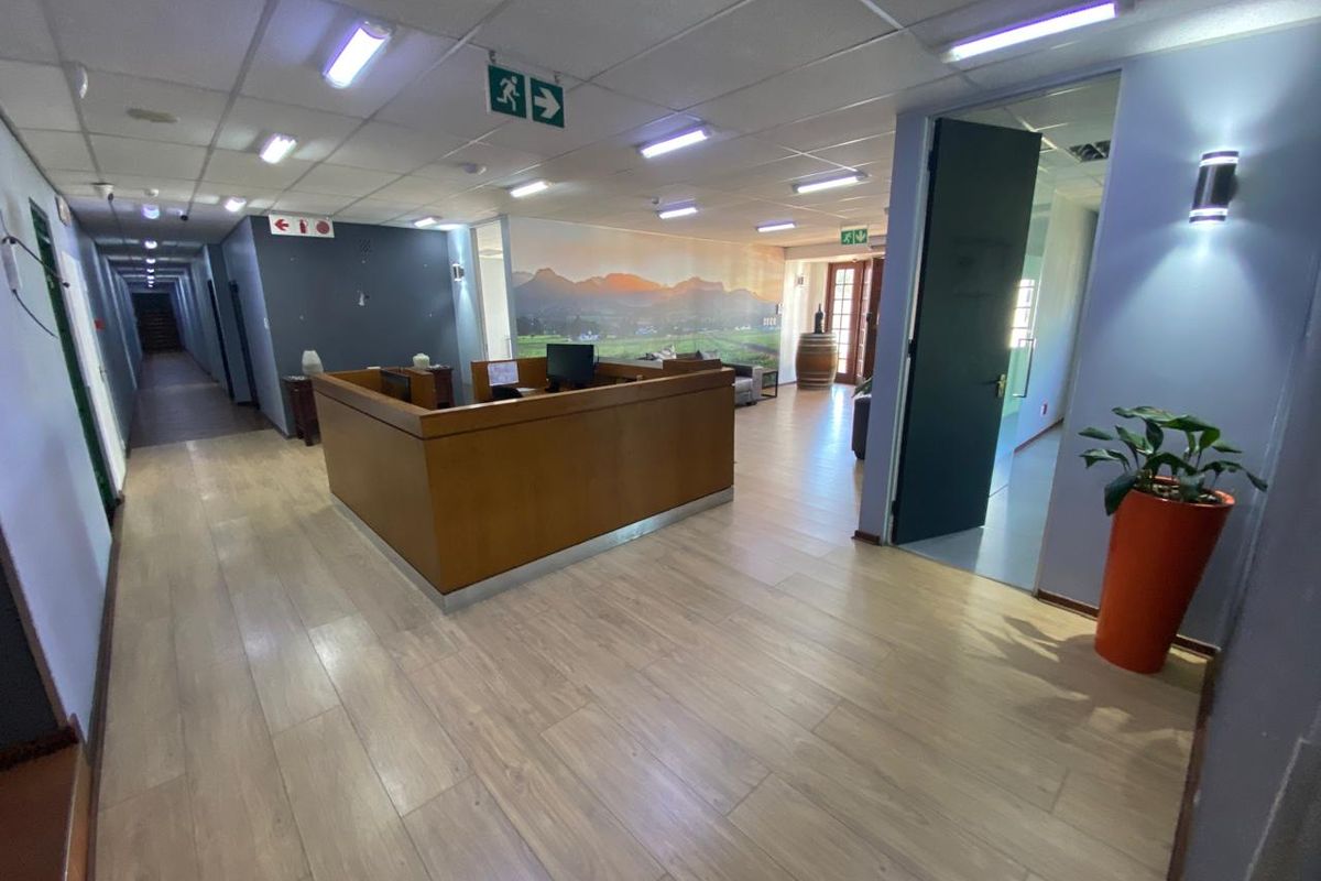 Spacious industrial reception area featuring a built-in wooden desk, modern laminate flooring, and suspended ceiling lighting.