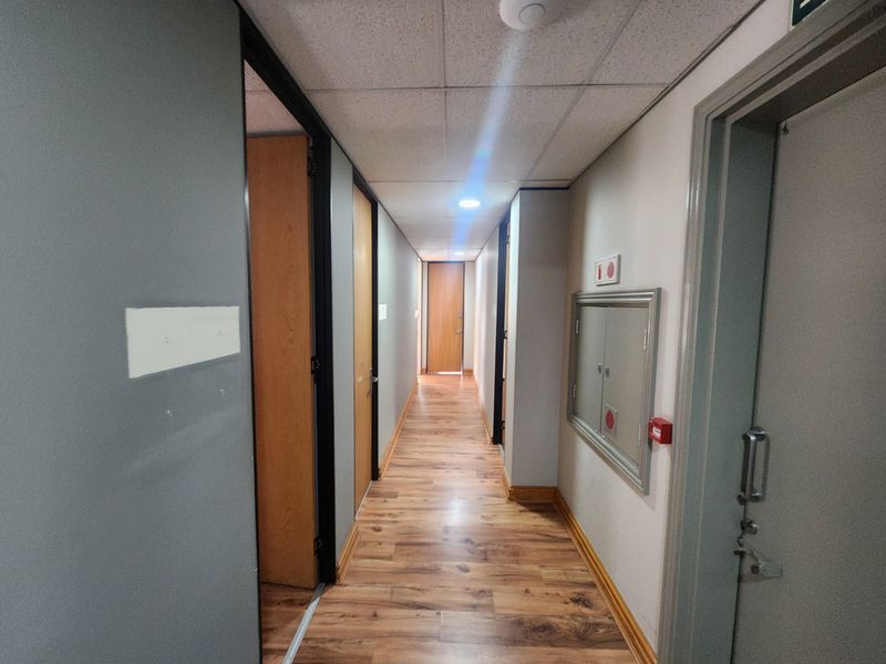 A clean, functional office hallway featuring laminate flooring, a suspended ceiling with recessed lighting, and integrated fire safety equipment.