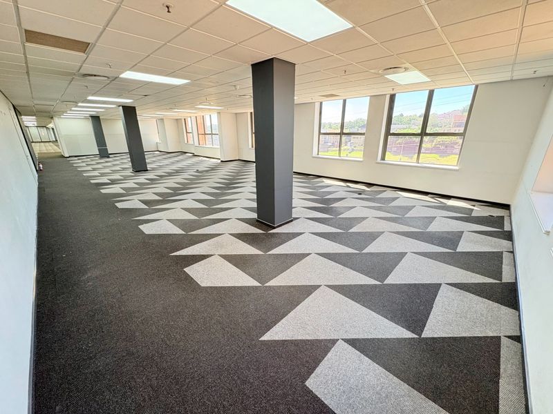 Spacious open-plan office area featuring large windows, modern patterned carpet tiles, and a suspended ceiling with recessed lighting.