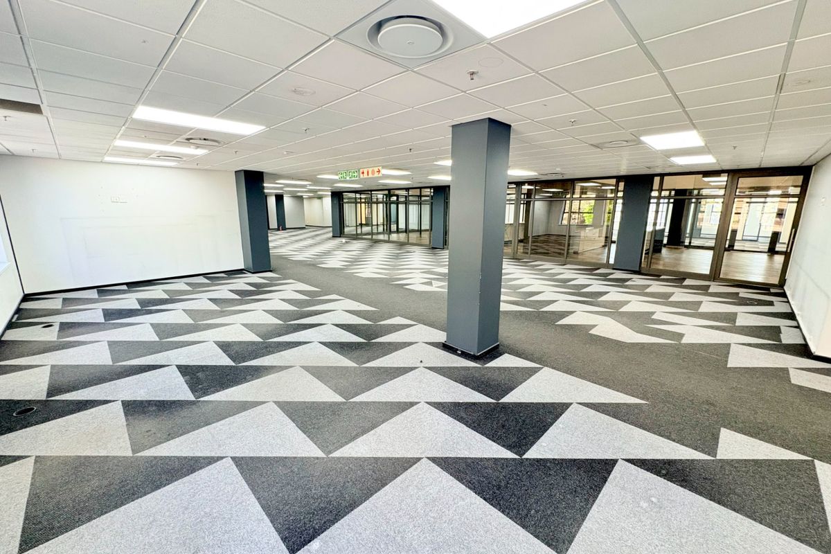 Spacious open-plan office area featuring modern patterned carpet tiles, suspended ceilings with recessed lighting, and glass-partitioned meeting rooms.