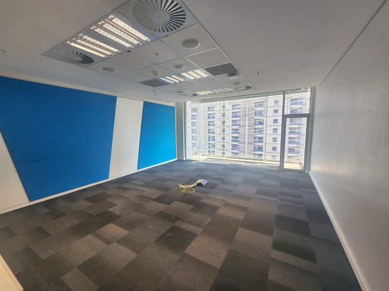 An empty office space featuring carpet tiles, acoustic wall panels, and a suspended ceiling with recessed lighting and large windows.