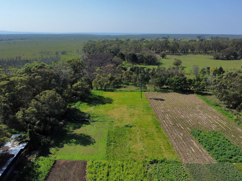 An aerial view of the farm property showcasing expansive open pasture, cultivated crop fields, and surrounding native woodland.