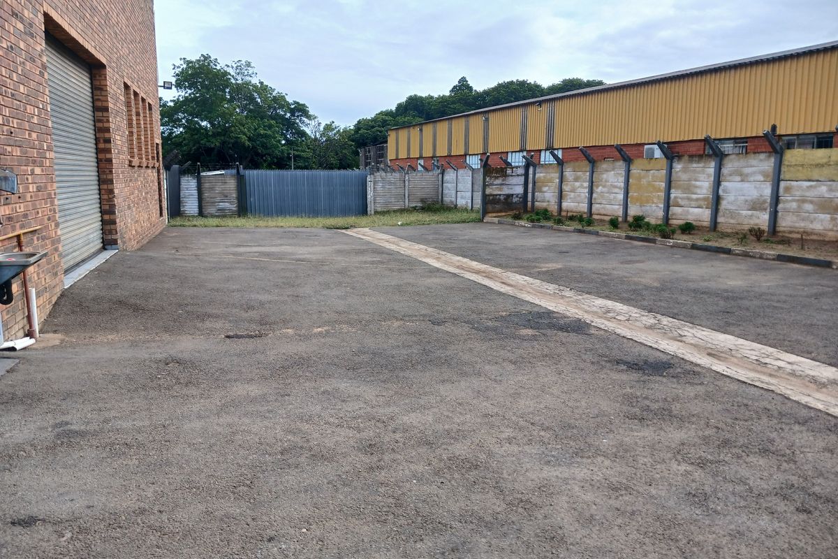 Rear exterior yard area featuring asphalt paving, a roller shutter door access point, and secure perimeter walling with fencing.