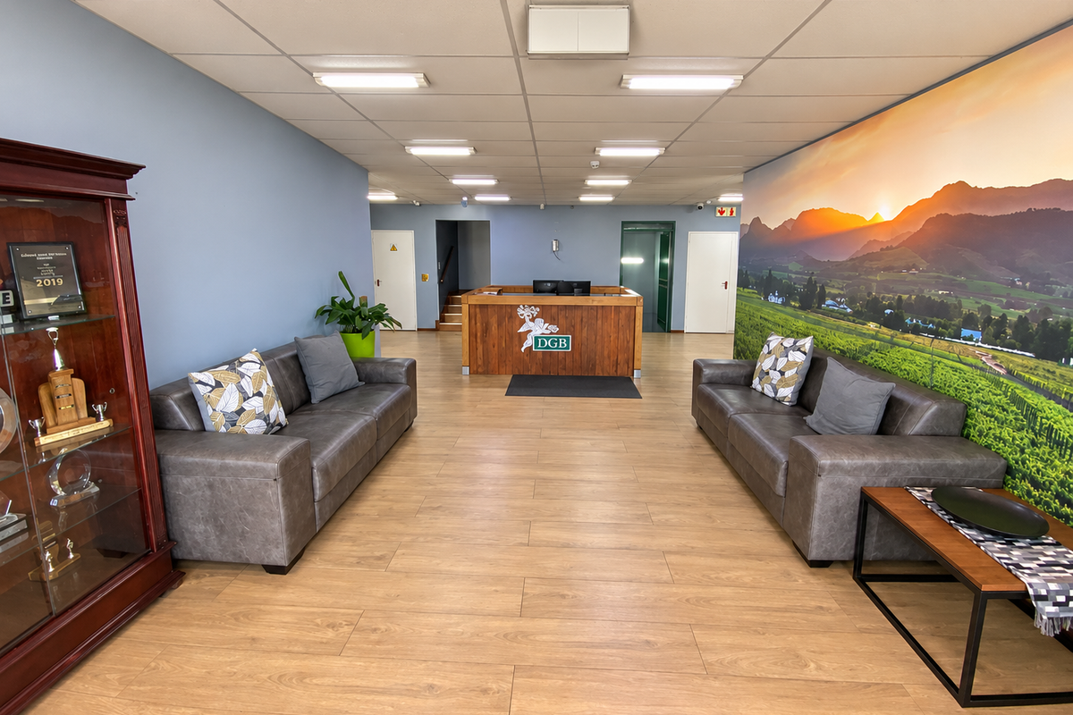 A professional reception area featuring a wooden reception desk, laminate flooring, and a large feature wall mural in a well-lit office environment.