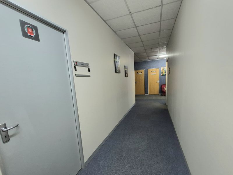 A functional office hallway featuring carpeted flooring, suspended ceiling tiles, and multiple access doors to individual office suites.