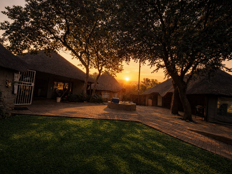 A scenic rear exterior view of a farm property featuring thatched-roof buildings, a paved patio area with a built-in fire pit, and mature trees.
