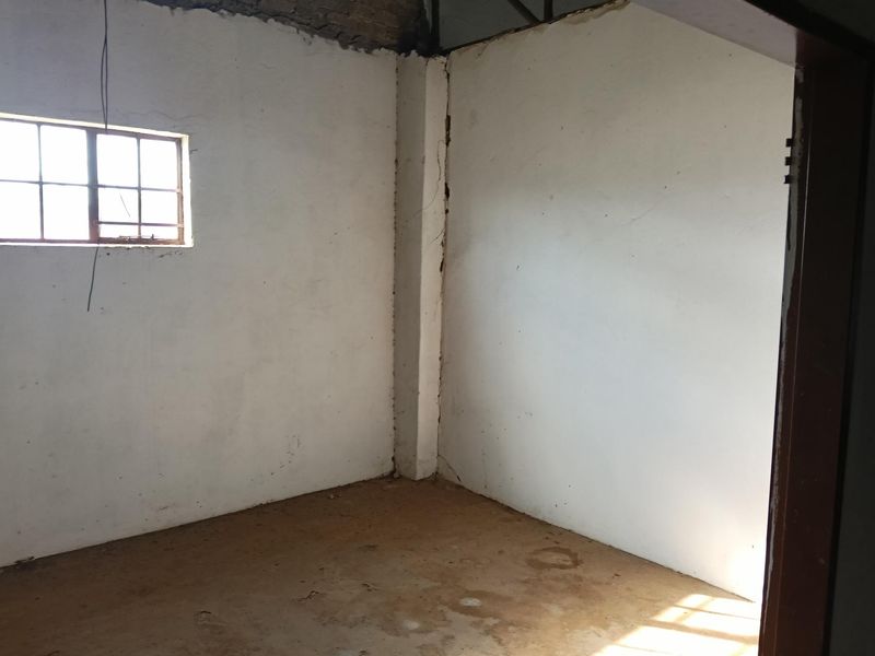 An unfinished utility space featuring exposed brickwork, a steel-framed window, and a concrete floor, requiring significant renovation and finishing work.