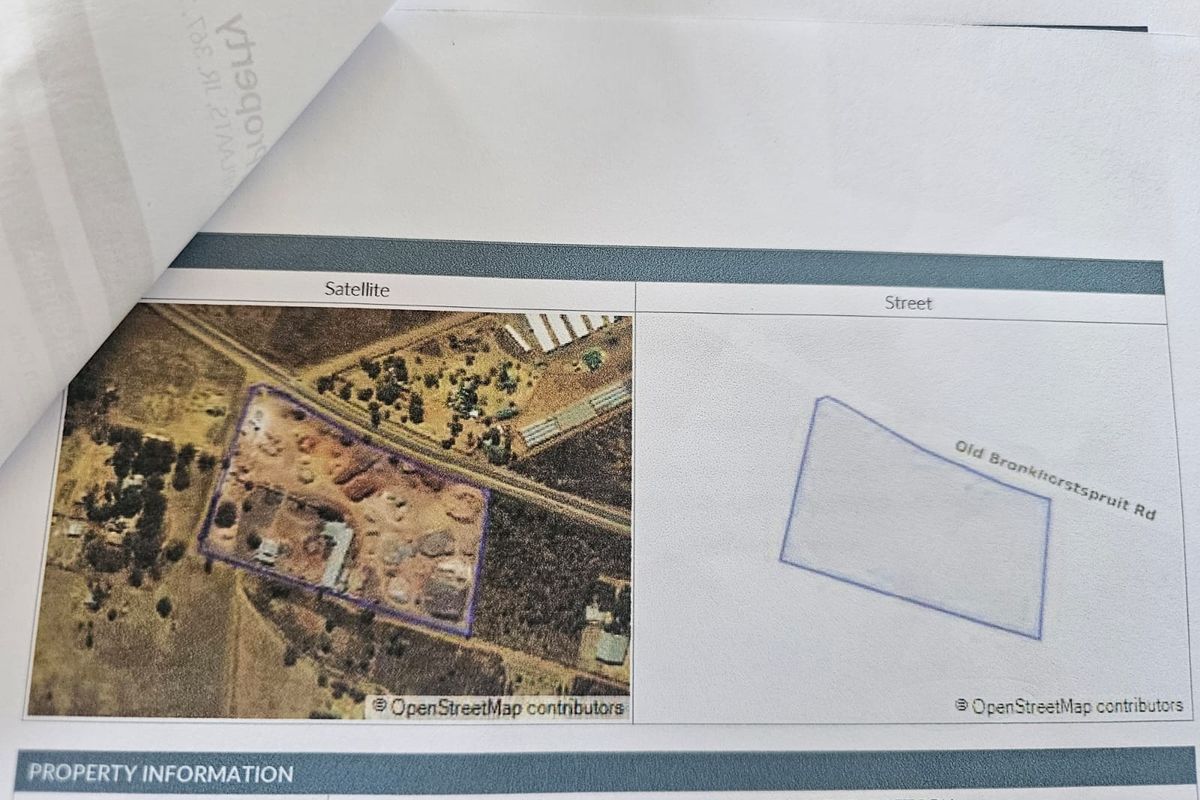 An aerial satellite view and street map diagram showing the property boundaries and location on Old Bronkhorstspruit Road.