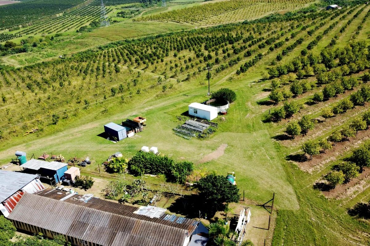 Aerial view of a farm property featuring extensive orchards, agricultural outbuildings, and water storage infrastructure.