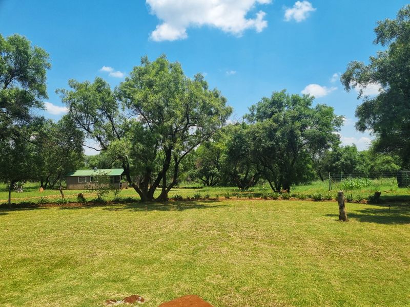 A spacious, well-maintained green lawn surrounded by mature trees and landscaped borders on a farm property.