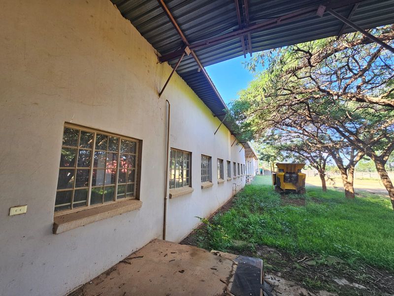 Rear exterior view of an industrial building featuring a corrugated metal roof, steel-framed windows, and a concrete apron, set against a grassy area.