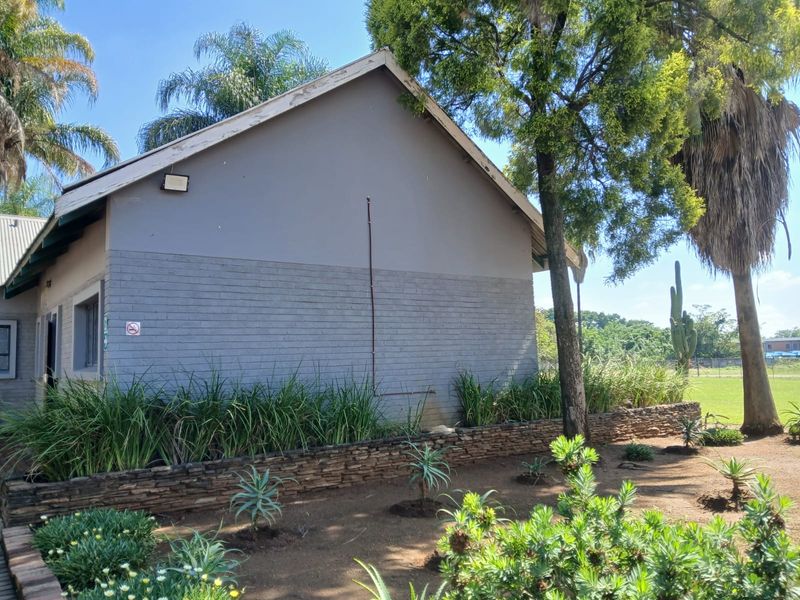 Side exterior view of the office building featuring a brick and plaster facade, stone retaining wall, and established garden landscaping.