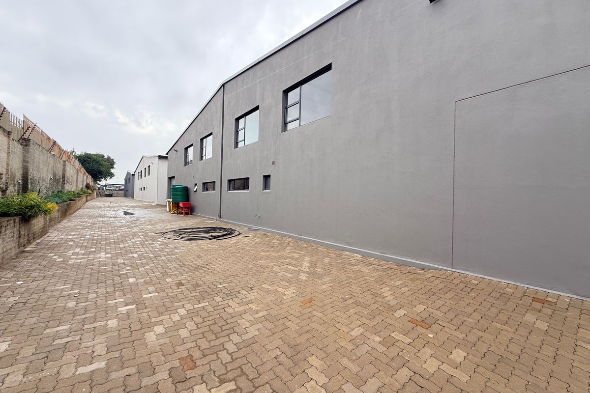 A view of the industrial property's rear exterior, featuring a paved driveway, security wall, and exterior building lighting.