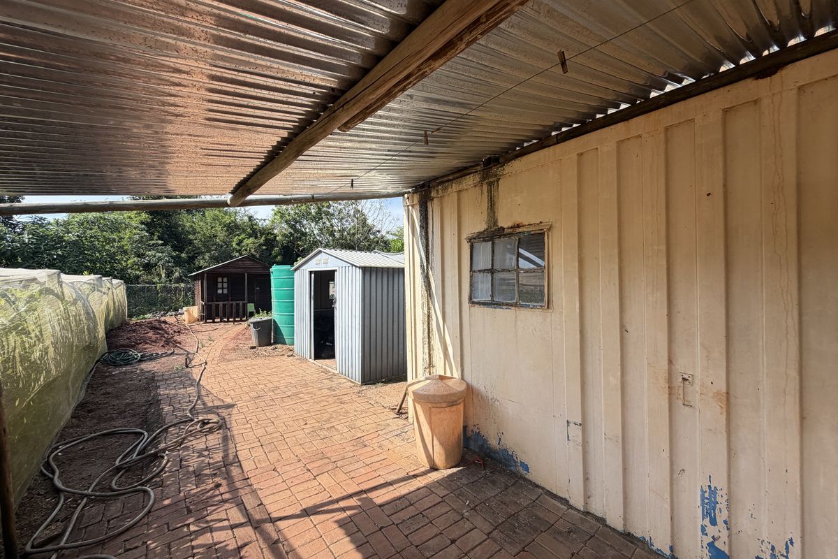 Outdoor utility area featuring a corrugated metal roof structure, paved walkway, and storage container with visible wear and tear.