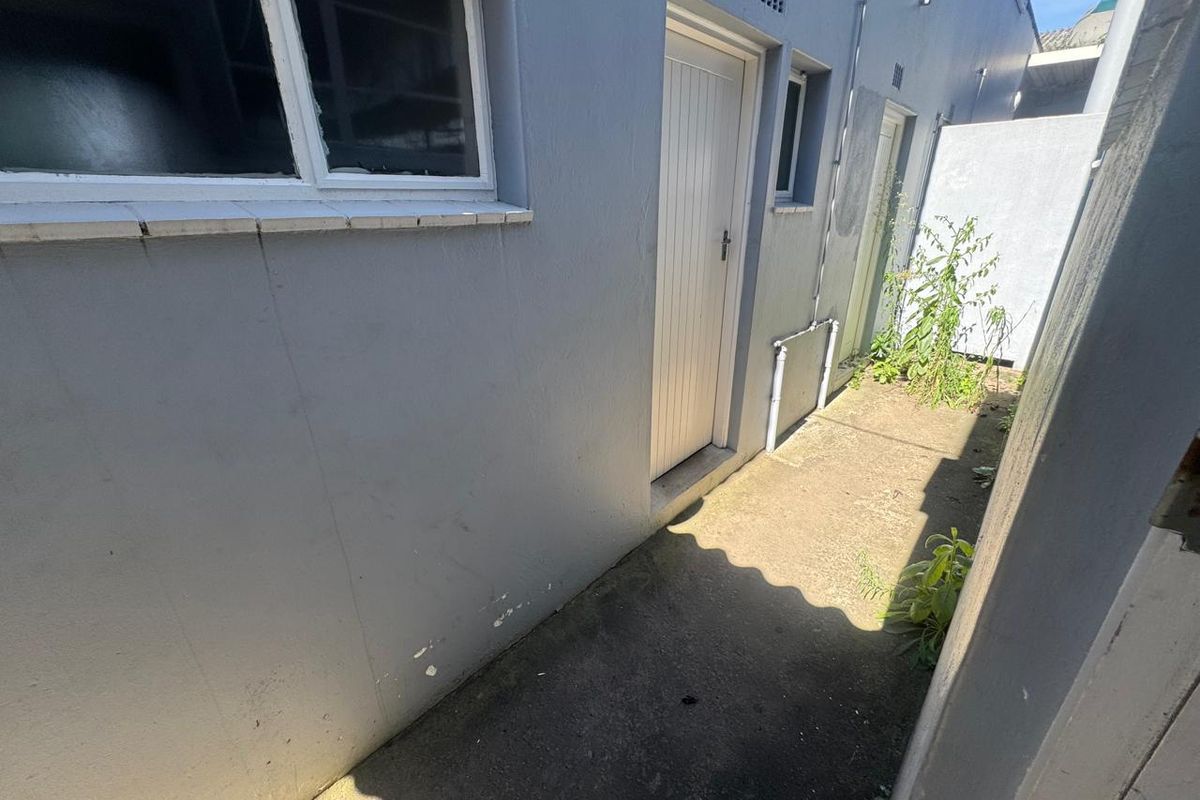 A narrow exterior side passage featuring concrete paving, access doors, and exterior wall finishes, requiring minor maintenance and landscaping.