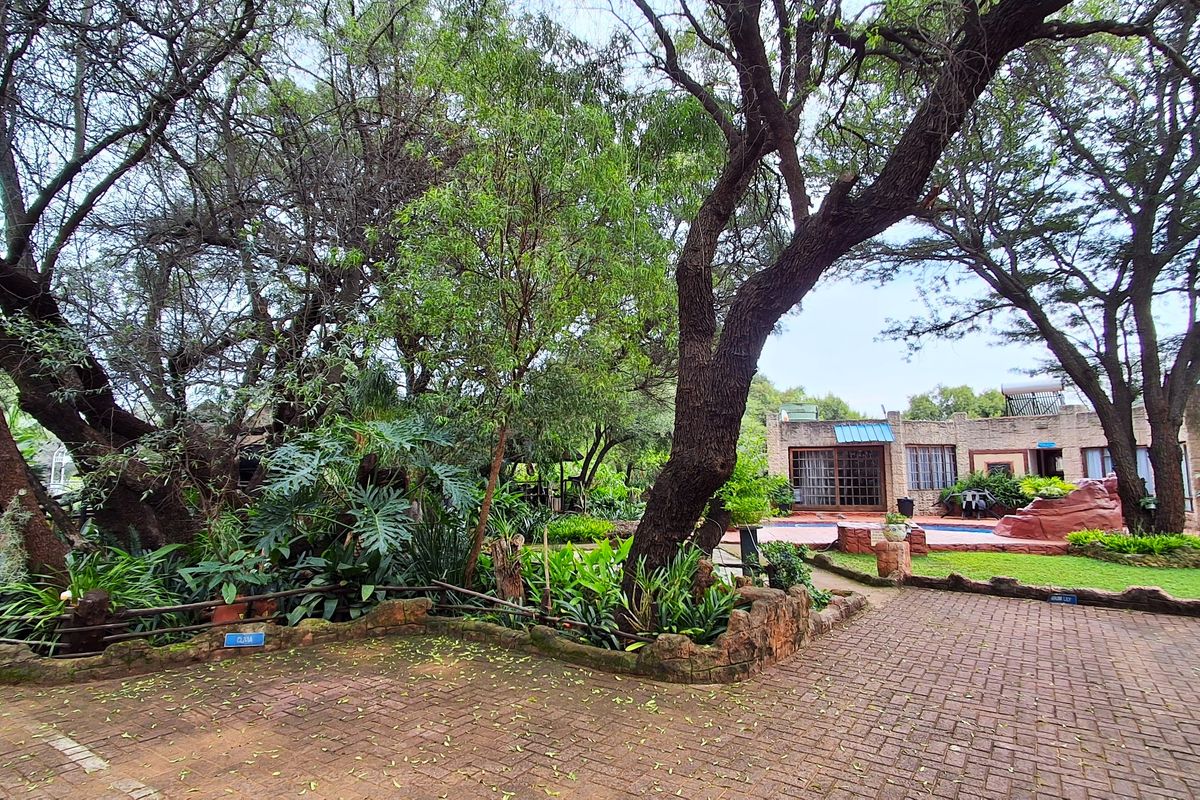 A landscaped rear garden area featuring mature trees, brick paving, a stone retaining wall, and a swimming pool with a solar water heater.